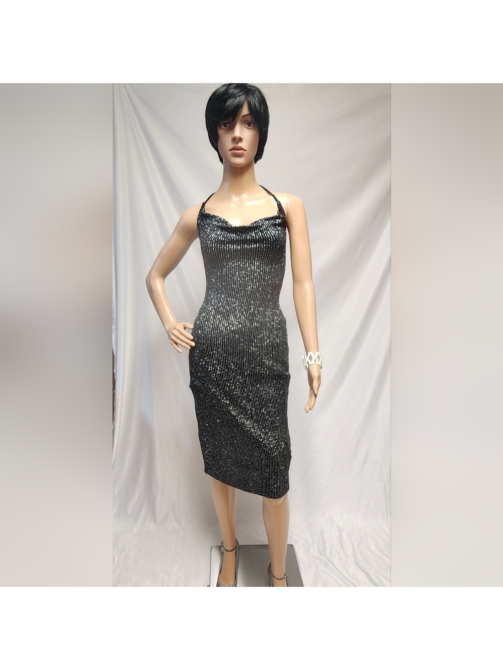 Gorgeous Cocktail Midi Dress Black and Silver Size Small